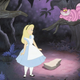 Alice and the Cheshire cat in Alice in Wonderland.
